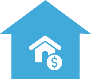 Buy Homes in A blue house with a dollar sign in the middle of it.