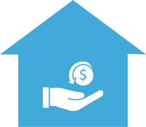 Fair Cash Offers A blue house with a hand holding a coin