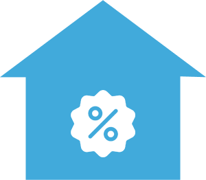 Fast and Fair Offers A blue house with a white percent sign in the middle.
