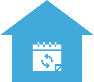 Flexible Closing Dates A blue house with an arrow pointing to the top of it.