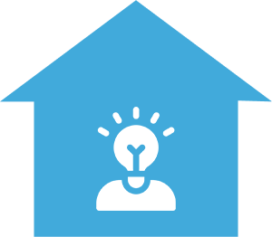 Local Experts A blue house with an image of a person and a light bulb.