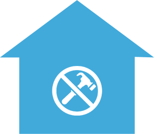 No Repairs Needed A blue house with a hammer and no tools symbol.