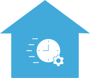 Quick and A blue house with an image of a clock and gear.